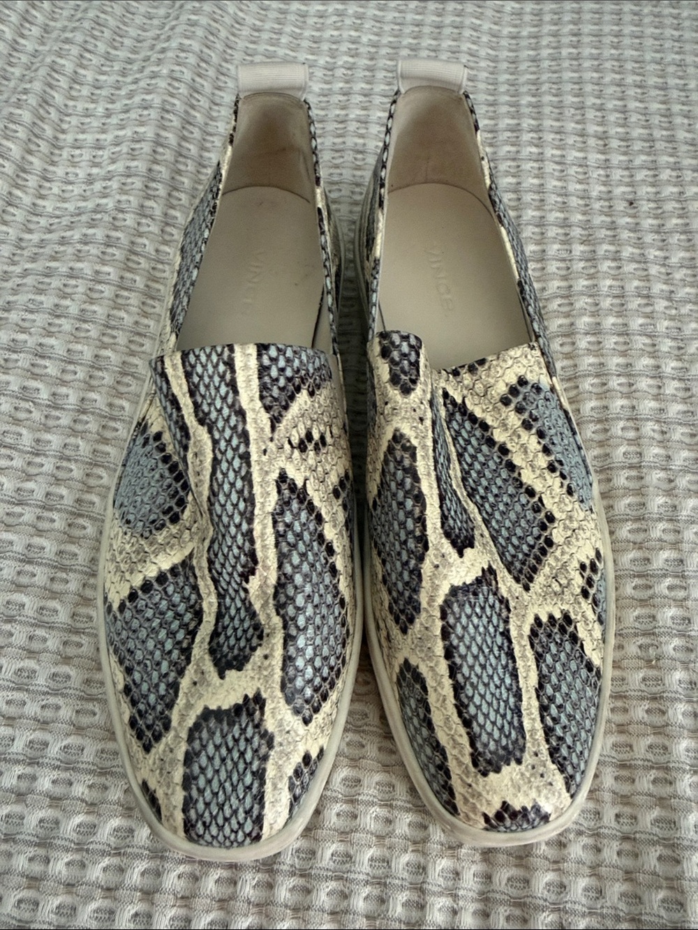 Vince Snake Print Slip-On Flats in Cream and Gray